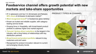 Foodservice channel offers growth potential with new
markets and take-share opportunities
• #1 in glassware and top 3 in dinnerware and flatware;
60% share of drinkware & stemware market(1)
• Most recognized brand(1) in foodservice glass tabletop
• Known as trusted and reliable supplier, with category-
leading service levels
• Growing force in Hospitality, with broad-based product
portfolio to address higher end market segment
• Tenured, factory-direct salesforce is the largest in the
industry, with a long history of relationships with key
distribution partners
• Broad brand and product portfolio relevant to key
customers and end users
• Recognized for product innovation relevant to current
and emerging industry trends
Flatware
Dinnerware
100
USC REGION
(1) – Management Estimates
PRODUCT TYPES IN CHANNEL
Glassware
 