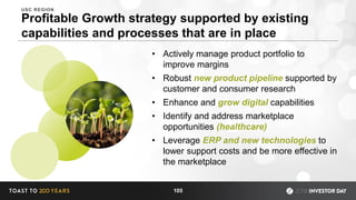 Profitable Growth strategy supported by existing
capabilities and processes that are in place
• Actively manage product portfolio to
improve margins
• Robust new product pipeline supported by
customer and consumer research
• Enhance and grow digital capabilities
• Identify and address marketplace
opportunities (healthcare)
• Leverage ERP and new technologies to
lower support costs and be more effective in
the marketplace
105
USC REGION
 