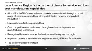 Latin America Region is the partner of choice for service and low-
cost manufacturing capabilities
• #1 or #2 in LATAM’s most relevant markets accomplished through a broad
range of company capabilities, strong distribution network and product
innovation(1)
• Low-cost manufacturing capabilities
• Cost competitiveness maintained through continuous improvement
manufacturing techniques
• Recognized by customers as the best service throughout the region
• Important presence in all channel segments: retail, B2B and foodservice
• Top-quality management team
108
LATIN AMERICA REGION
(1) – Management’s estimate
 