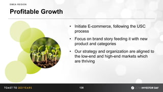 Profitable Growth
• Initiate E-commerce, following the USC
process
• Focus on brand story feeding it with new
product and categories
• Our strategy and organization are aligned to
the low-end and high-end markets which
are thriving
136
EMEA REGION
 