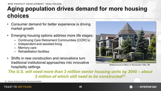 Aging population drives demand for more housing
choices
• Consumer demand for better experience is driving
market growth
• Emerging housing options address more life stages:
– Continuing Care Retirement Communities (CCRC’s)
– Independent and assisted living
– Memory care
– Rehabilitation facilities
• Shifts in new construction and renovations turn
traditional institutional approaches into innovative
hospitality settings
The U.S. will need more than 3 million senior housing units by 2040 – about
2 million of which still need to be constructed(1)
Waltonwood at Main in Rochester Hills, MI
46
(1) - Source: American Seniors Housing Association
NEW PRODUCT DEVELOPMENT: HEALTHCARE
 