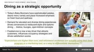Dining as a strategic opportunity
• Today’s Baby Boomers have sophisticated palates,
desire menu variety and place increased emphasis
on fresh food and wellness
• Demand for elevated and diverse dining experiences
drives conversions to restaurant-style and options-
dining … bistros, lounges, open-kitchen concepts
• Foodservice is now a key driver that attracts
customers, influences occupancy strategies and
drives satisfaction scores
“Expectations are higher than ever, and retirement residences are actually using their food
program as a marketing tool, as a way to differentiate themselves.”(1)
47
(1) – Source: GFS, Natalie Russell, National Healthcare Sales Manager
NEW PRODUCT DEVELOPMENT: HEALTHCARE
 