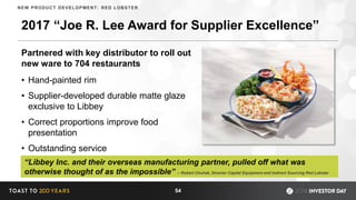 2017 “Joe R. Lee Award for Supplier Excellence”
54
Partnered with key distributor to roll out
new ware to 704 restaurants
• Hand-painted rim
• Supplier-developed durable matte glaze
exclusive to Libbey
• Correct proportions improve food
presentation
• Outstanding service
“Libbey Inc. and their overseas manufacturing partner, pulled off what was
otherwise thought of as the impossible” – Robert Chuhak, Director Capital Equipment and Indirect Sourcing Red Lobster
NEW PRODUCT DEVELOPMENT: RED LOBSTER
 