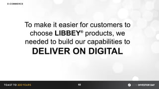 To make it easier for customers to
choose LIBBEY®
products, we
needed to build our capabilities to
DELIVER ON DIGITAL
68
E-COMMERCE
 