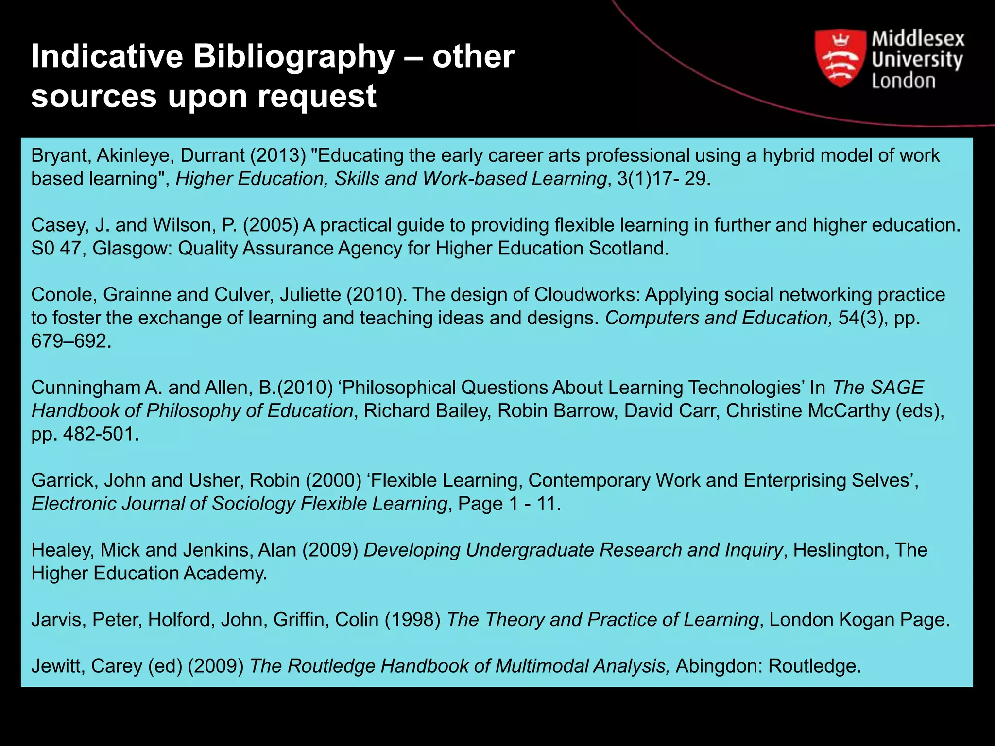 Indicative Bibliography – other
sources upon request
Bryant, Akinleye, Durrant (2013) "Educating the early career arts professional using a hybrid model of work
based learning", Higher Education, Skills and Work-based Learning, 3(1)17- 29.
Casey, J. and Wilson, P. (2005) A practical guide to providing flexible learning in further and higher education.
S0 47, Glasgow: Quality Assurance Agency for Higher Education Scotland.
Conole, Grainne and Culver, Juliette (2010). The design of Cloudworks: Applying social networking practice
to foster the exchange of learning and teaching ideas and designs. Computers and Education, 54(3), pp.
679–692.
Cunningham A. and Allen, B.(2010) ‘Philosophical Questions About Learning Technologies’ In The SAGE
Handbook of Philosophy of Education, Richard Bailey, Robin Barrow, David Carr, Christine McCarthy (eds),
pp. 482-501.
Garrick, John and Usher, Robin (2000) ‘Flexible Learning, Contemporary Work and Enterprising Selves’,
Electronic Journal of Sociology Flexible Learning, Page 1 - 11.
Healey, Mick and Jenkins, Alan (2009) Developing Undergraduate Research and Inquiry, Heslington, The
Higher Education Academy.
Jarvis, Peter, Holford, John, Griffin, Colin (1998) The Theory and Practice of Learning, London Kogan Page.
Jewitt, Carey (ed) (2009) The Routledge Handbook of Multimodal Analysis, Abingdon: Routledge.
 