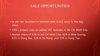 SALE OPPORTUNITIES 
• In the taxi business in Vietnam with 4,622 taxis in five big 
cities. 
• VNS’s project rises an added 581 taxicabs in Ho Chi Minh City. 
• Market share of 42% in Ho Chi Minh City, 62% in Binh Duong, 
65% in Dong Nai, 32% in Da Nang, and 15% in Vung Tau. 
 