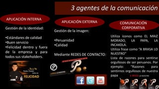 3 agentes de la comunicación 
APLICACIÓN INTERNA 
Gestión de la identidad: 
•Estándares de calidad 
•Buen servicio 
•Felicidad dentro y fuera 
de la empresa y para 
todos sus stakeholders. 
APLICACIÓN EXTERNA COMUNICACIÓN 
CORPORATIVA 
Gestión de la imagen: 
•Peruanidad 
•Calidad 
Mediante REDES DE CONTACTO: 
Utiliza íconos como EL MAIZ 
MORADO, LA PAPA, LA 
INCAKOLA. 
Utiliza frase como “A BRASA LO 
NUESTRO” 
Lista de razones para sentirse 
orgullosos de ser peruanos. Por 
ejemplo: “Razones para 
sentirnos orgullosos de nuestra 
papa 
 