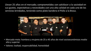 Llevan 25 años en el mercado; comprometidos con satisfacer a la sociedad en 
sus gustos, expectativas y necesidades con una alta calidad en cada uno de los 
servicios brindados, teniendo como plato bandera el Pollo a la Brasa. 
• Mercado meta: hombres y mujeres de 25 a 45 años de nivel socioeconómicos medio 
alto y superior 
• Valores: lealtad, responsabilidad, honestidad 
 