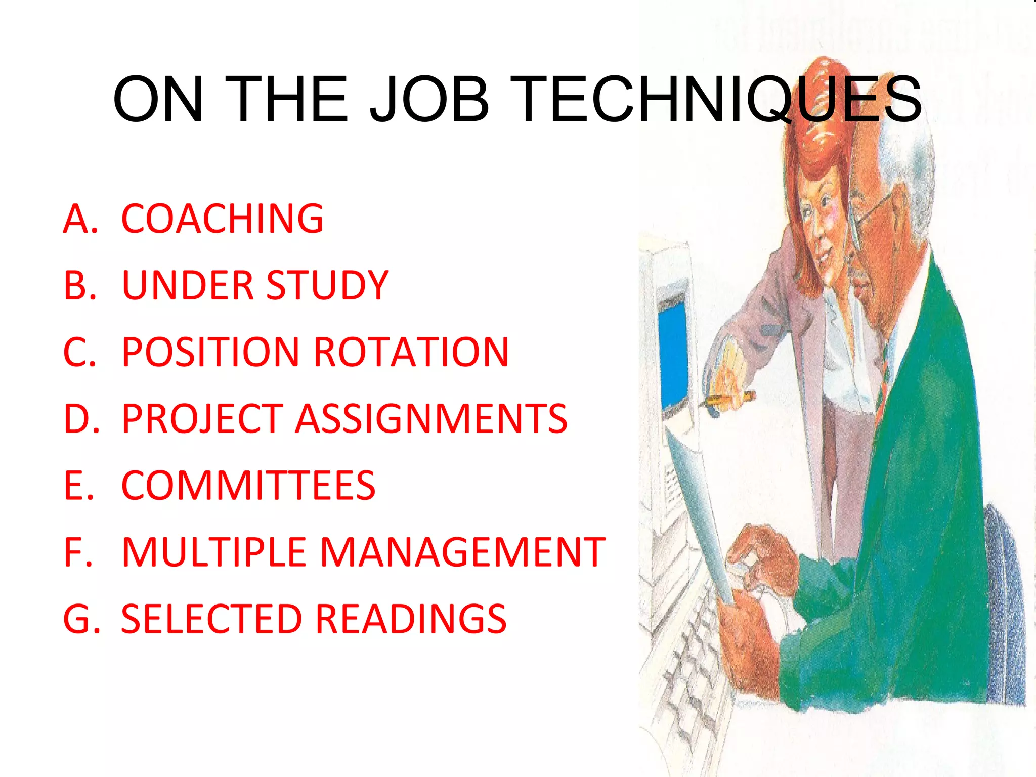 ON THE JOB TECHNIQUES COACHING UNDER STUDY POSITION ROTATION PROJECT ASSIGNMENTS COMMITTEES MULTIPLE MANAGEMENT SELECTED READINGS 