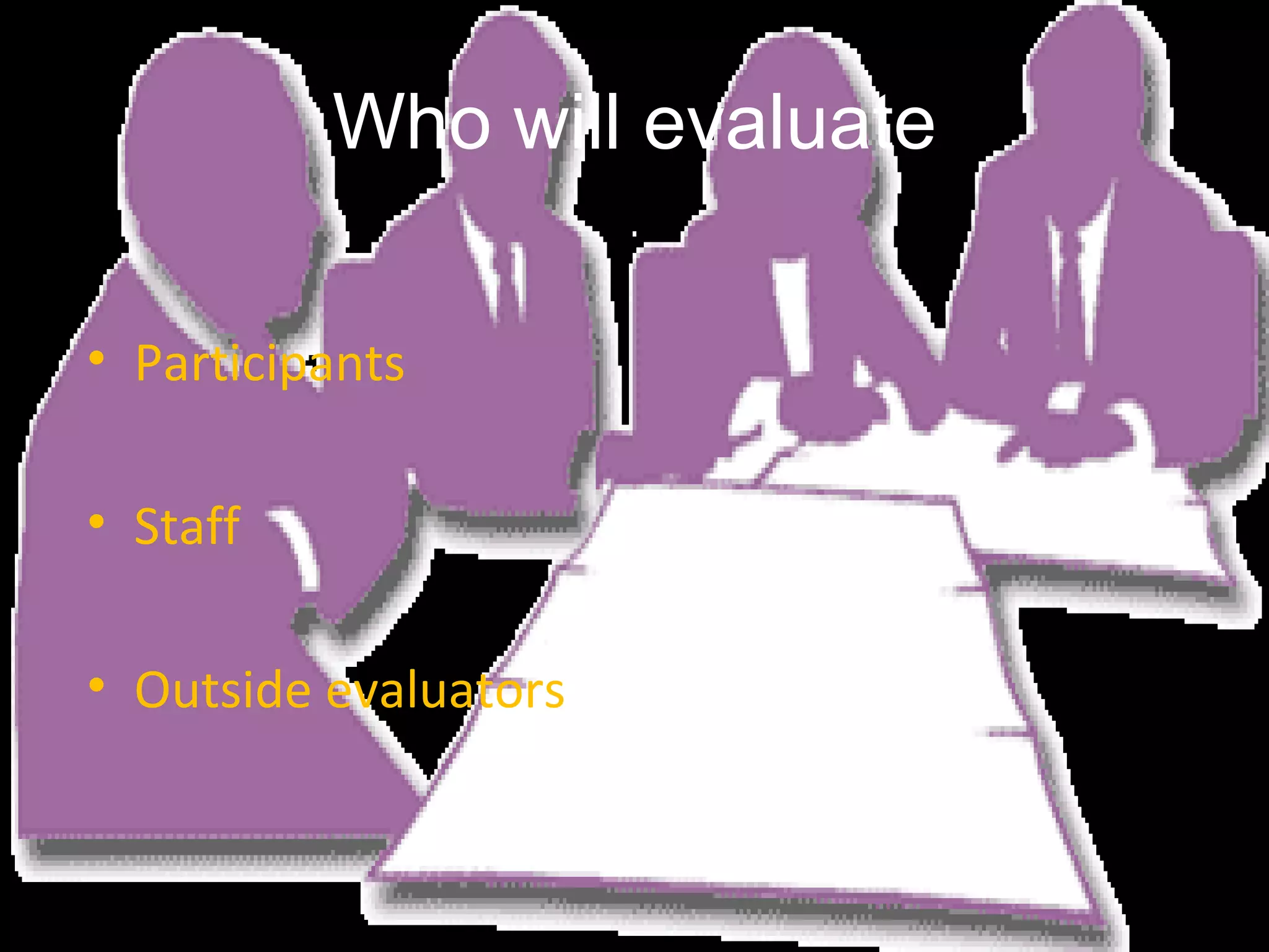Who will evaluate Participants Staff Outside evaluators 