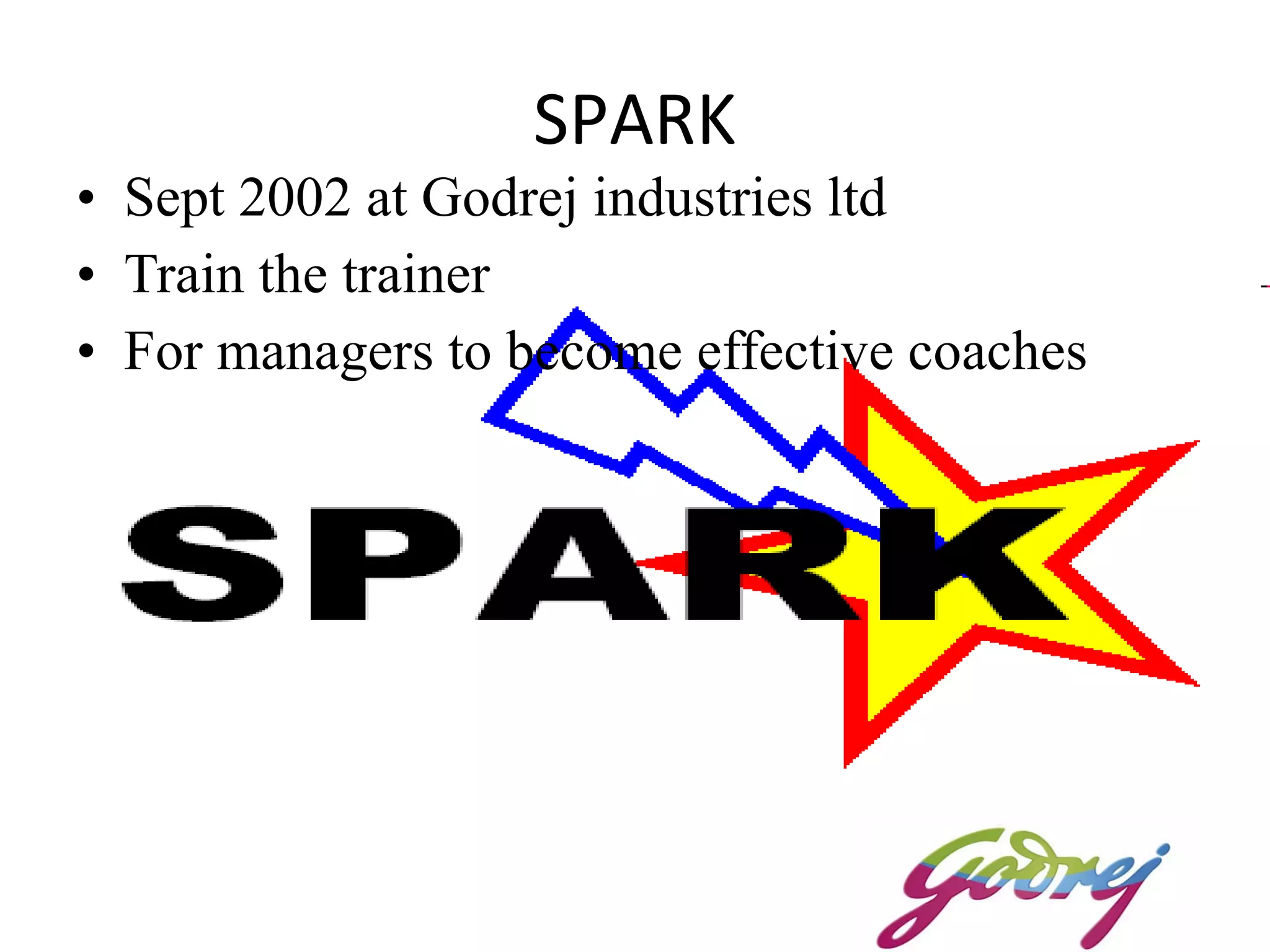 SPARK Sept 2002 at Godrej industries ltd Train the trainer For managers to become effective coaches 