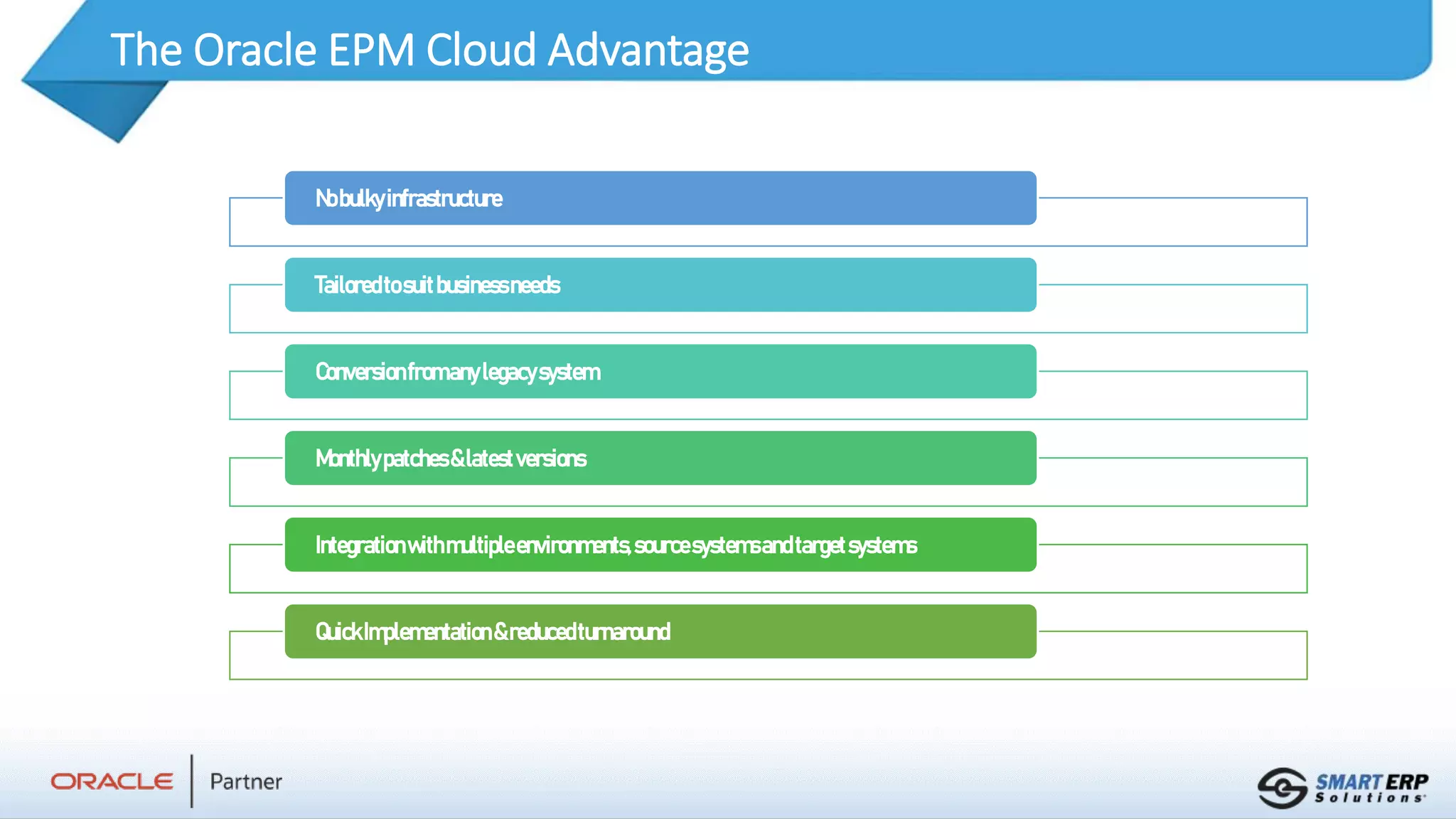 The Oracle EPM Cloud Advantage
Nobulkyinfrastructure
Tailoredtosuitbusinessneeds
Conversionfromanylegacysystem
Monthlypatches&latestversions
Integrationwithmultipleenvironments,sourcesystemsandtargetsystems
QuickImplementation&reducedturnaround
 