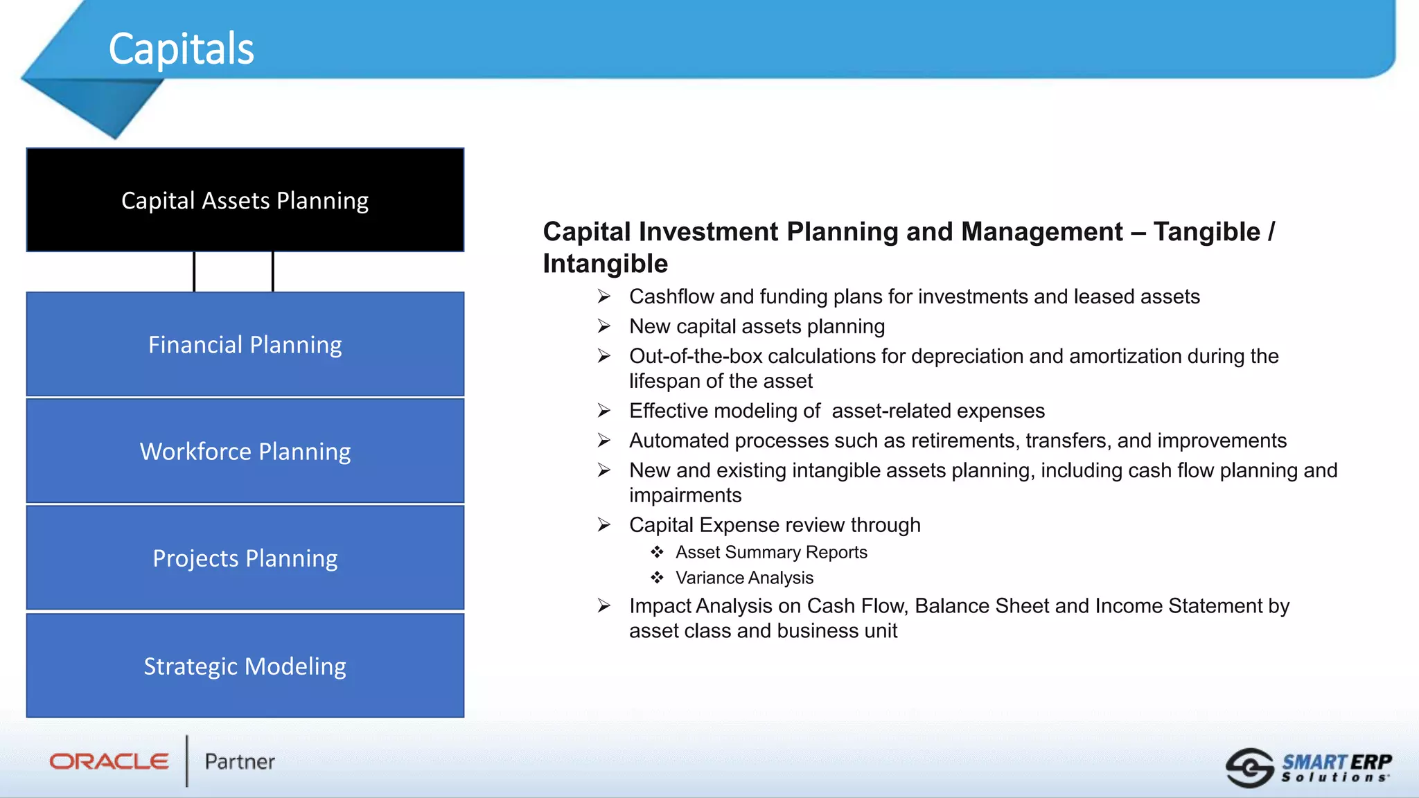 Capitals
Capital Assets Planning
Financial Planning
Workforce Planning
Projects Planning
Strategic Modeling
Capital Investment Planning and Management – Tangible /
Intangible
 Cashflow and funding plans for investments and leased assets
 New capital assets planning
 Out-of-the-box calculations for depreciation and amortization during the
lifespan of the asset
 Effective modeling of asset-related expenses
 Automated processes such as retirements, transfers, and improvements
 New and existing intangible assets planning, including cash flow planning and
impairments
 Capital Expense review through
 Asset Summary Reports
 Variance Analysis
 Impact Analysis on Cash Flow, Balance Sheet and Income Statement by
asset class and business unit
 