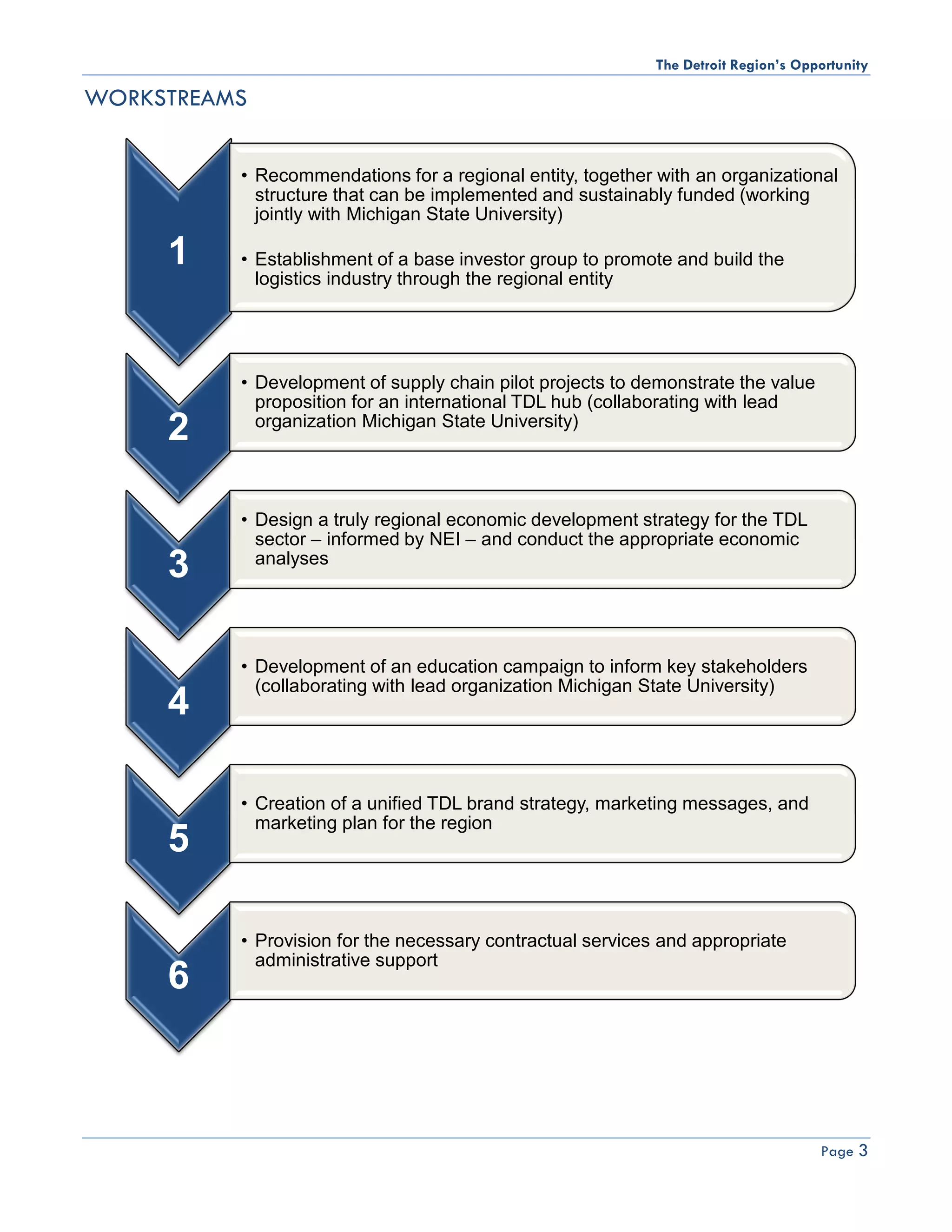 The Detroit Region’s Opportunity

WORKSTREAMS


          • Recommendations for a regional entity, together with an organizational
            structure that can be implemented and sustainably funded (working
            jointly with Michigan State University)

     1    • Establishment of a base investor group to promote and build the
            logistics industry through the regional entity




          • Development of supply chain pilot projects to demonstrate the value
            proposition for an international TDL hub (collaborating with lead
     2      organization Michigan State University)




          • Design a truly regional economic development strategy for the TDL
            sector – informed by NEI – and conduct the appropriate economic
     3      analyses




          • Development of an education campaign to inform key stakeholders
            (collaborating with lead organization Michigan State University)
     4

          • Creation of a unified TDL brand strategy, marketing messages, and
            marketing plan for the region
     5

          • Provision for the necessary contractual services and appropriate
            administrative support
     6



                                                                                    Page 3
 