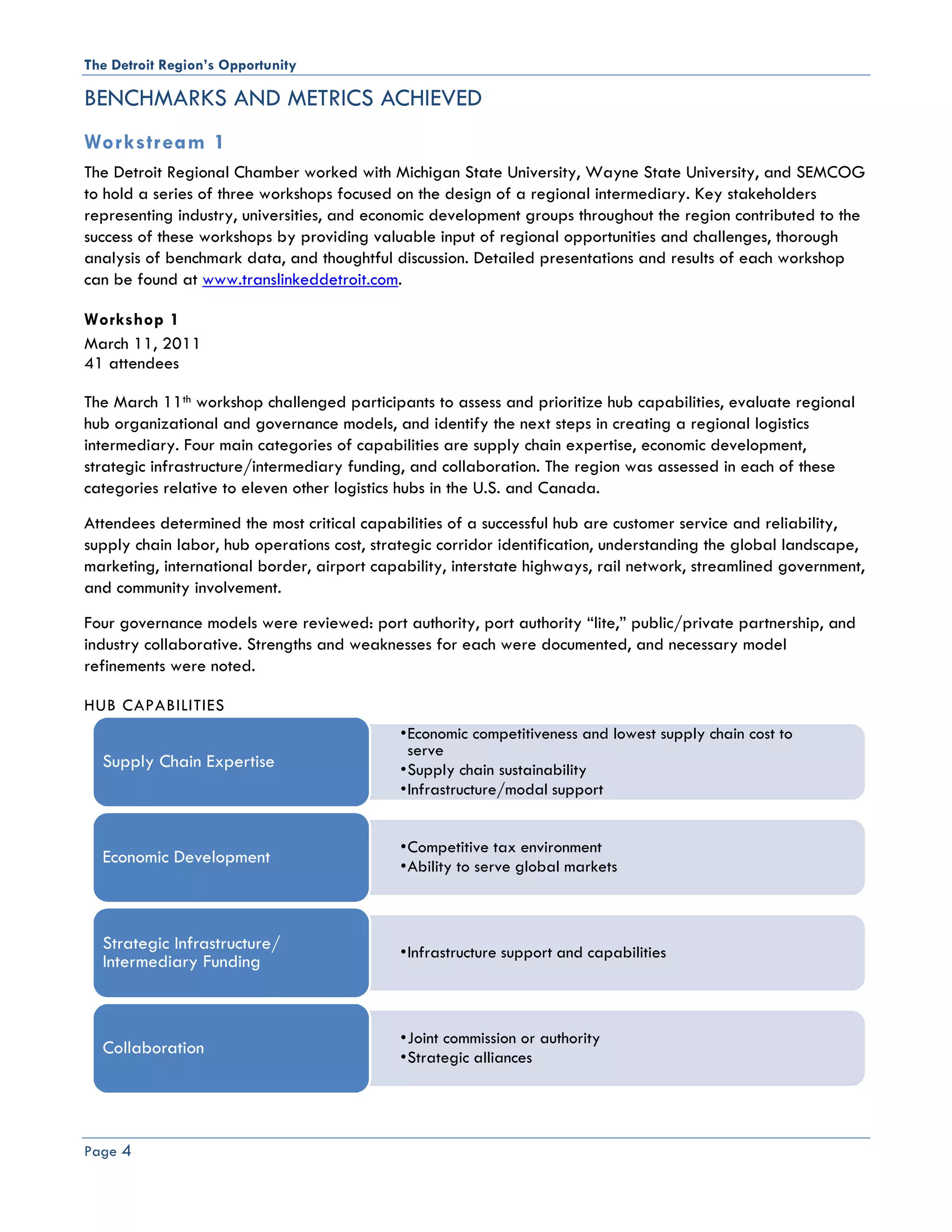 The Detroit Region’s Opportunity

BENCHMARKS AND METRICS ACHIEVED
Workstream 1
The Detroit Regional Chamber worked with Michigan State University, Wayne State University, and SEMCOG
to hold a series of three workshops focused on the design of a regional intermediary. Key stakeholders
representing industry, universities, and economic development groups throughout the region contributed to the
success of these workshops by providing valuable input of regional opportunities and challenges, thorough
analysis of benchmark data, and thoughtful discussion. Detailed presentations and results of each workshop
can be found at www.translinkeddetroit.com.

Workshop 1
March 11, 2011
41 attendees

The March 11th workshop challenged participants to assess and prioritize hub capabilities, evaluate regional
hub organizational and governance models, and identify the next steps in creating a regional logistics
intermediary. Four main categories of capabilities are supply chain expertise, economic development,
strategic infrastructure/intermediary funding, and collaboration. The region was assessed in each of these
categories relative to eleven other logistics hubs in the U.S. and Canada.
Attendees determined the most critical capabilities of a successful hub are customer service and reliability,
supply chain labor, hub operations cost, strategic corridor identification, understanding the global landscape,
marketing, international border, airport capability, interstate highways, rail network, streamlined government,
and community involvement.
Four governance models were reviewed: port authority, port authority “lite,” public/private partnership, and
industry collaborative. Strengths and weaknesses for each were documented, and necessary model
refinements were noted.

HUB CAPABILITIES
                                            •Economic competitiveness and lowest supply chain cost to
                                             serve
  Supply Chain Expertise                    •Supply chain sustainability
                                            •Infrastructure/modal support


                                            •Competitive tax environment
  Economic Development                      •Ability to serve global markets



  Strategic Infrastructure/                 •Infrastructure support and capabilities
  Intermediary Funding



                                            •Joint commission or authority
  Collaboration                             •Strategic alliances




Page 4
 