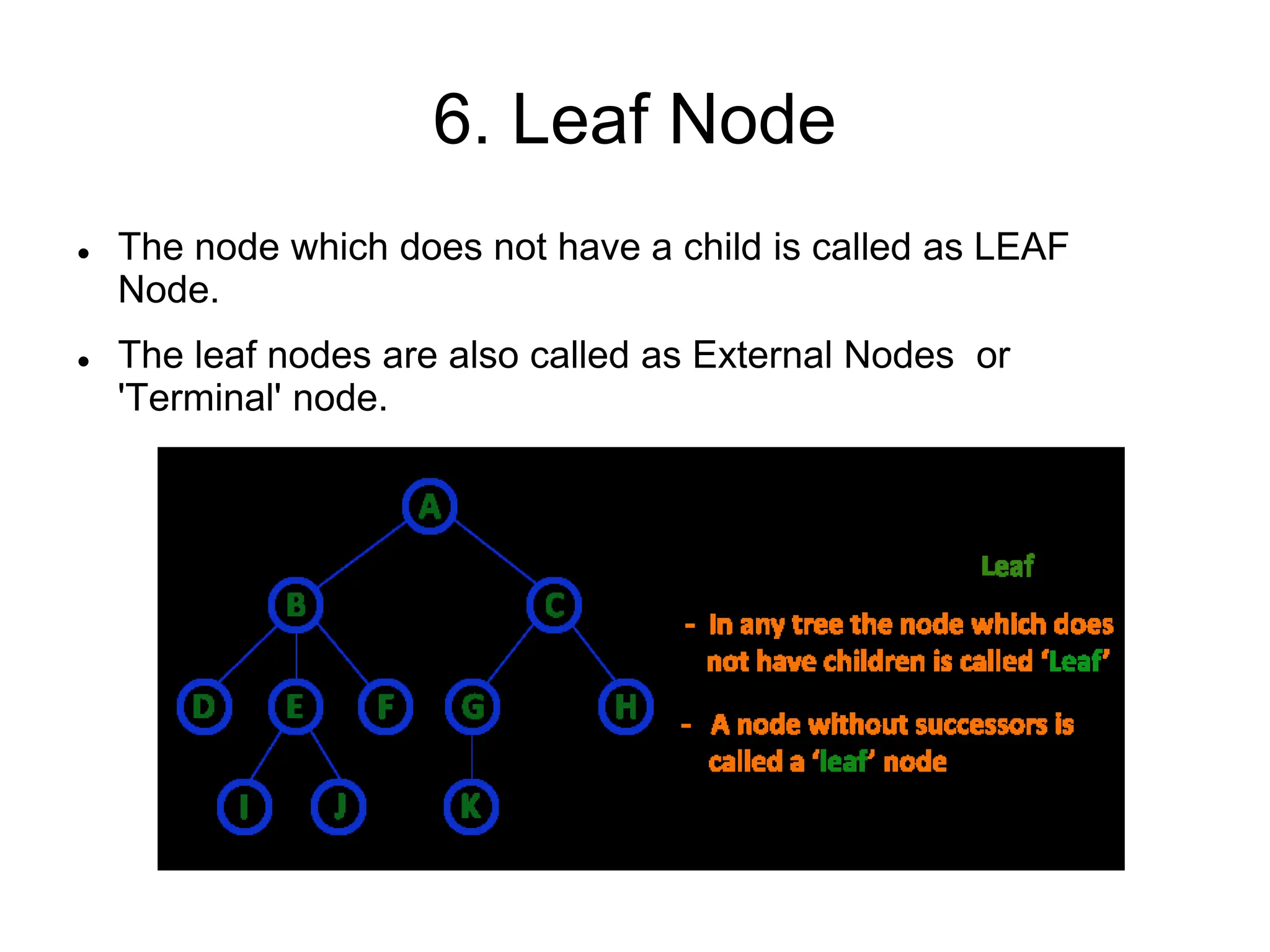 6. Leaf Node
 The node which does not have a child is called as LEAF
Node.
 The leaf nodes are also called as External Nodes or
'Terminal' node.
 