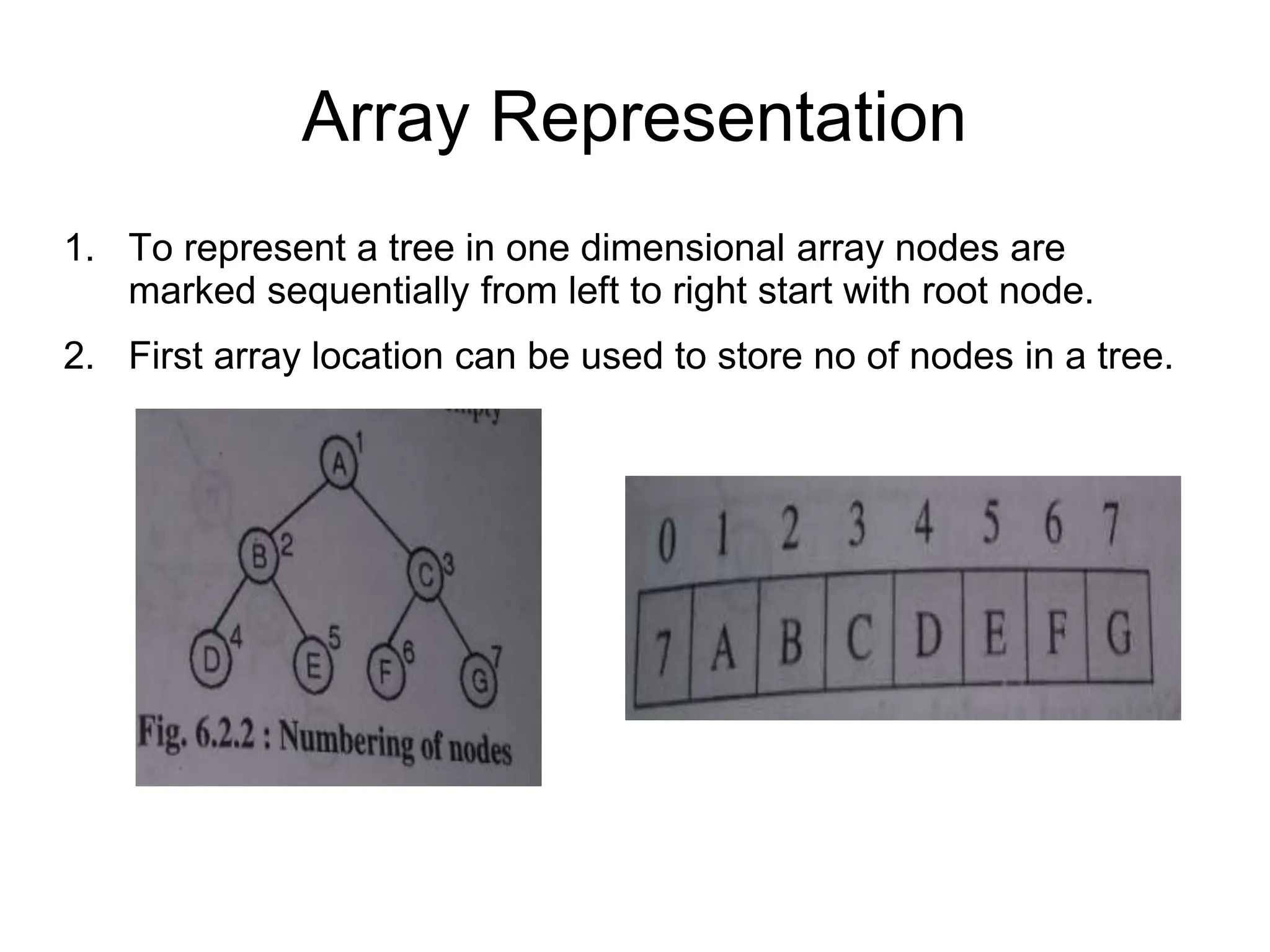 Array Representation
1. To represent a tree in one dimensional array nodes are
marked sequentially from left to right start with root node.
2. First array location can be used to store no of nodes in a tree.
 