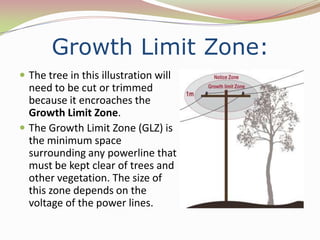 Growth Limit Zone:
 The tree in this illustration will
  need to be cut or trimmed
  because it encroaches the
  Growth Limit Zone.
 The Growth Limit Zone (GLZ) is
  the minimum space
  surrounding any powerline that
  must be kept clear of trees and
  other vegetation. The size of
  this zone depends on the
  voltage of the power lines.
 