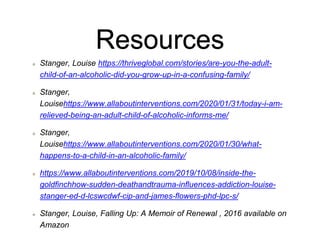 Resources
Stanger, Louise https://thriveglobal.com/stories/are-you-the-adult-
child-of-an-alcoholic-did-you-grow-up-in-a-confusing-family/
Stanger,
Louisehttps://www.allaboutinterventions.com/2020/01/31/today-i-am-
relieved-being-an-adult-child-of-alcoholic-informs-me/
Stanger,
Louisehttps://www.allaboutinterventions.com/2020/01/30/what-
happens-to-a-child-in-an-alcoholic-family/
https://www.allaboutinterventions.com/2019/10/08/inside-the-
goldfinchhow-sudden-deathandtrauma-influences-addiction-louise-
stanger-ed-d-lcswcdwf-cip-and-james-flowers-phd-lpc-s/
Stanger, Louise, Falling Up: A Memoir of Renewal , 2016 available on
Amazon
 