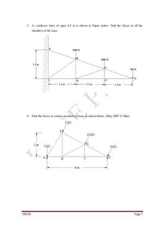 TRUSS Page 7
3. A cantilever truss of span 4.5 m is shown in Figure below. Find the forces in all the
members of the truss.
4. Find the forces in various members of truss as shown below. (May 2007 12 Mks)
 