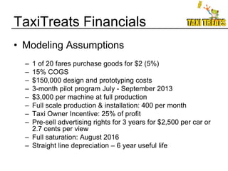 TaxiTreats Financials
• Modeling Assumptions
  – 1 of 20 fares purchase goods for $2 (5%)
  – 15% COGS
  – $150,000 design and prototyping costs
  – 3-month pilot program July - September 2013
  – $3,000 per machine at full production
  – Full scale production & installation: 400 per month
  – Taxi Owner Incentive: 25% of profit
  – Pre-sell advertising rights for 3 years for $2,500 per car or
    2.7 cents per view
  – Full saturation: August 2016
  – Straight line depreciation – 6 year useful life
 
