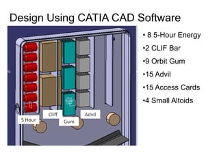 Design Using CATIA CAD Software
                        • 8 5-Hour Energy
                        •2 CLIF Bar
                        •9 Orbit Gum
                        •15 Advil
                        •15 Access Cards
                        •4 Small Altoids
 