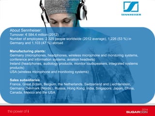 About Sennheiser:
Turnover: € 584.4 million (2012)
Number of employees: 2,329 people worldwide (2012 average), 1,226 (53 %) in
Germany and 1,103 (47 %) abroad
Manufacturing plants:
Germany (microphones, headphones, wireless microphone and monitoring systems,
conference and information systems, aviation headsets)
Ireland (headphones, audiology products, monitor loudspeakers, integrated systems
products)
USA (wireless microphone and monitoring systems)
Sales subsidiaries
France, Great Britain, Belgium, the Netherlands, Switzerland and Liechtenstein,
Germany, Denmark (Nordic), Russia, Hong Kong, India, Singapore, Japan, China,
Canada, Mexico and the USA
 