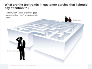 © 2012 Forrester Research, Inc. Reproduction Prohibited
What are the top trends in customer service that I should
pay attention to?
“I know how I want to deliver good
customer but I don’t know where to
start.”
Service Manager
Customers
 