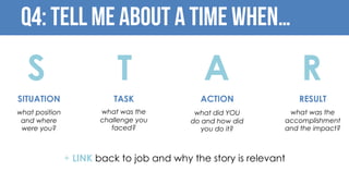 Q4: Tell me about a time when…
S T A R
SITUATION ACTIONTASK RESULT
what position
and where
were you?
what was the
challenge you
faced?
what did YOU
do and how did
you do it?
what was the
accomplishment
and the impact?
+ LINK back to job and why the story is relevant
 