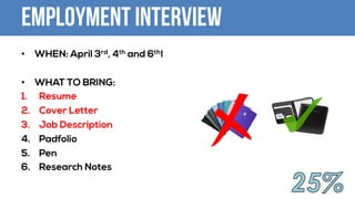 Employment Interview
• WHEN: April 3rd, 4th and 6th!
• WHAT TO BRING:
1. Resume
2. Cover Letter
3. Job Description
4. Padfolio
5. Pen
6. Research Notes
 