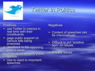 Twitter In Politics Positives: use Twitter to interact in real time with their constituents gage public support on various bills being proposed  feedback to the opposing party’s ideas.  Understand minority public opinion Use to react to important speeches Negatives Content of speeches can be misconstrued Difficult to put “positive spin” on issues. Privacy issues. 