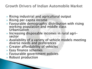 By 2016, Automotive sector can DOUBLE its percentage contribution to GDP from current levels of 5% (US$50 billion) to 10% ($180 billion).TrendsGrowth of exports of 22.30 FY 2009-10. 