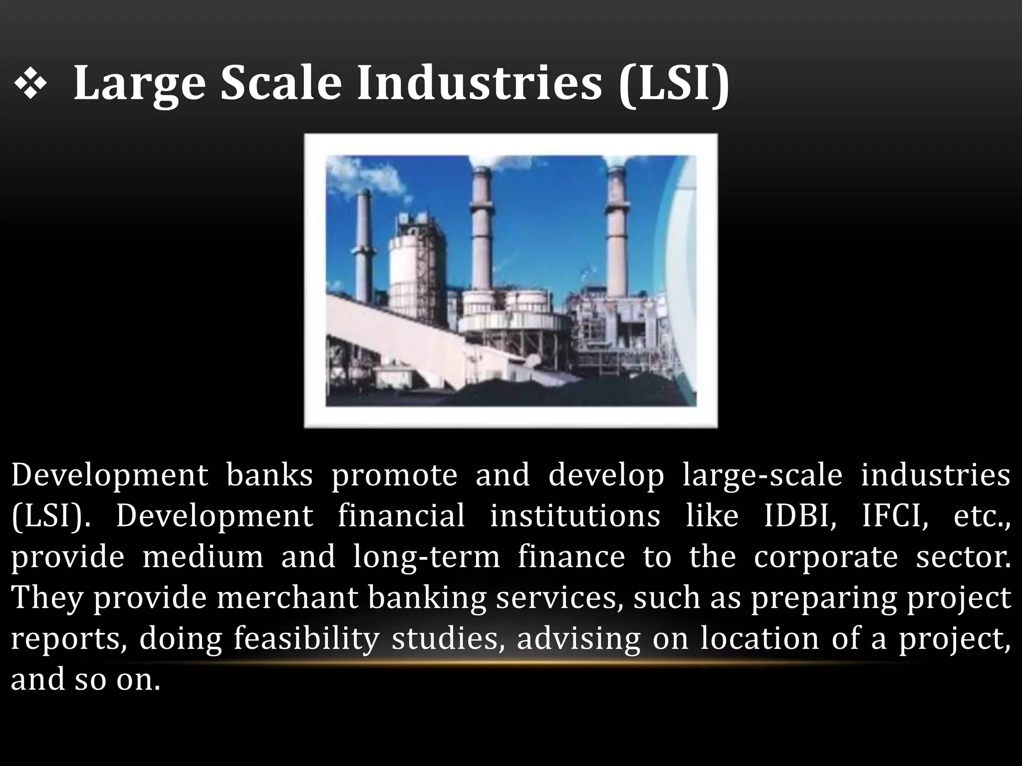  Large Scale Industries (LSI) 
Development banks promote and develop large-scale industries 
(LSI). Development financial institutions like IDBI, IFCI, etc., 
provide medium and long-term finance to the corporate sector. 
They provide merchant banking services, such as preparing project 
reports, doing feasibility studies, advising on location of a project, 
and so on. 
 