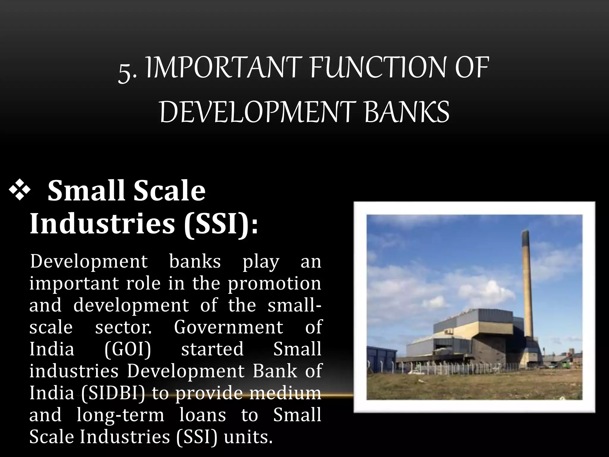 5. IMPORTANT FUNCTION OF 
DEVELOPMENT BANKS 
 Small Scale 
Industries (SSI): 
Development banks play an 
important role in the promotion 
and development of the small-scale 
sector. Government of 
India (GOI) started Small 
industries Development Bank of 
India (SIDBI) to provide medium 
and long-term loans to Small 
Scale Industries (SSI) units. 
 
