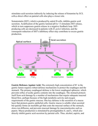 9


stimulates acid secretion indirectly by inducing the release of histamine by ECL
cells;a direct effect on parietal cells also plays a lesser role.

Somatostatin (SST), which is produced by antral D cells, inhibits gastric acid
secretion. Acidification of the gastric luminal pH to <3 stimulates SST release,
which in turn suppresses gastrin release in a negative feedback loop. SST-
producing cells are decreased in patients with H. pylori infection, and the
consequent reduction of SST's inhibitory effect may contribute to excess gastrin
production.




Gastric Defenses Against Acid. The extremely high concentration of H+ in the
gastric lumen requires robust defense mechanisms to protect the esophagus and the
stomach. The primary esophageal defense is the lower esophageal sphincter, which
prevents reflux of acidic gastric contents into the esophagus. The stomach protects
itself from acid damage by a number of mechanisms that require adequate mucosal
blood flow, perhaps because of the high metabolic activity and oxygen
requirements of the gastric mucosa. One key defense is the secretion of a mucus
layer that protects gastric epithelial cells. Gastric mucus is soluble when secreted
but quickly forms an insoluble gel that coats the mucosal surface of the stomach,
slows ion diffusion, and prevents mucosal damage by macromolecules such as
pepsin. Mucus production is stimulated by prostaglandins E2 and I2, which also
directly inhibit gastric acid secretion by parietal cells. Thus, alcohol, aspirin, and
 