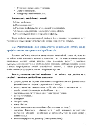 21
▪ Зіткнення з питань компетентності.
▪ Системи заохочення.
▪ Конкуренція за обмежені блага.
Схема аналізу конфліктної ситуації:
1. Зміст конфлікту.
2. Причини конфлікту.
3. Учасники конфлікту, їхні інтереси, цілі чи можливі дії.
4. Інтенсивність, гострота і важливість теми конфлікту.
5. Розвиток і динаміка попереднього конфлікту.
Коли конфлікт проаналізований, знайдені його причини та визначено мету
учасників, необхідно розробити стратегію виходу з конфліктної ситуації.
3.2. Рекомендації для спеціалістів соціальних служб щодо
профілактики вигорання співробітників
Важливо пам’ятати, що навіть якщо навколо зовнішні обставини та умови, на
які майже немає можливості вплинути, сприяють стресу та виникненню вигорання,
позитивного ефекту можна досягти, якщо проводити роботу з власними
індивідуально-психологічними особливостями, розвивати необхідні якості та вміння,
а також дотримуватись правил психологічної безпеки, з метою формування
особистісного ресурсу протистояння синдрому вигорання.
Індивідуально-психологічні особливості та вміння, що допомагають
спеціалісту уникнути професійного вигорання:
▪ добре здоров’я та свідома, цілеспрямована турбота про свій фізичний стан
(постійні заняття спортом, здоровий спосіб життя);
▪ висока самооцінка та впевненість у собі, своїх здібностях та можливостях.
▪ досвід успішного подолання професійного стресу;
▪ здатність до конструктивних змін у напружених умовах;
▪ висока мобільність;
▪ відвертість;
▪ товариськість;
▪ самостійність;
▪ прагнення спиратися на власні сили (не залежити від інших);
▪ здатність формувати і підтримувати у собі позитивні, оптимістичні
настанови і цінності — як відносно до самих себе, так і до інших людей і
життя взагалі.
▪ вміння звернутися по допомогу (коли це необхідно);
 