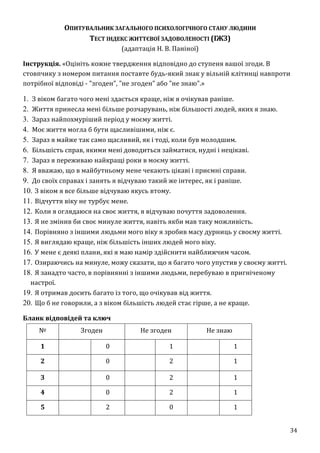 34
ОПИТУВАЛЬНИК ЗАГАЛЬНОГО ПСИХОЛОГІЧНОГО СТАНУ ЛЮДИНИ
ТЕСТ ІНДЕКС ЖИТТЄВОЇ ЗАДОВОЛЕНОСТІ (ІЖЗ)
(адаптація Н. В. Паніної)
Інструкція. «Оцініть кожне твердження відповідно до ступеня вашої згоди. В
стовпчику з номером питання поставте будь-який знак у вільній клітинці навпроти
потрібної відповіді - "згоден", "не згоден" або "не знаю".»
1. З віком багато чого мені здається краще, ніж я очікував раніше.
2. Життя принесла мені більше розчарувань, ніж більшості людей, яких я знаю.
3. Зараз найпохмуріший період у моєму житті.
4. Моє життя могла б бути щасливішими, ніж є.
5. Зараз я майже так само щасливий, як і тоді, коли був молодшим.
6. Більшість справ, якими мені доводиться займатися, нудні і нецікаві.
7. Зараз я переживаю найкращі роки в моєму житті.
8. Я вважаю, що в майбутньому мене чекають цікаві і приємні справи.
9. До своїх справах і занять я відчуваю такий же інтерес, як і раніше.
10. З віком я все більше відчуваю якусь втому.
11. Відчуття віку не турбує мене.
12. Коли я оглядаюся на своє життя, я відчуваю почуття задоволення.
13. Я не змінив би своє минуле життя, навіть якби мав таку можливість.
14. Порівняно з іншими людьми мого віку я зробив масу дурниць у своєму житті.
15. Я виглядаю краще, ніж більшість інших людей мого віку.
16. У мене є деякі плани, які я маю намір здійснити найближчим часом.
17. Озираючись на минуле, можу сказати, що я багато чого упустив у своєму житті.
18. Я занадто часто, в порівнянні з іншими людьми, перебуваю в пригніченому
настрої.
19. Я отримав досить багато із того, що очікував від життя.
20. Що б не говорили, а з віком більшість людей стає гірше, а не краще.
Бланк відповідей та ключ
№ Згоден Не згоден Не знаю
1 0 1 1
2 0 2 1
3 0 2 1
4 0 2 1
5 2 0 1
 