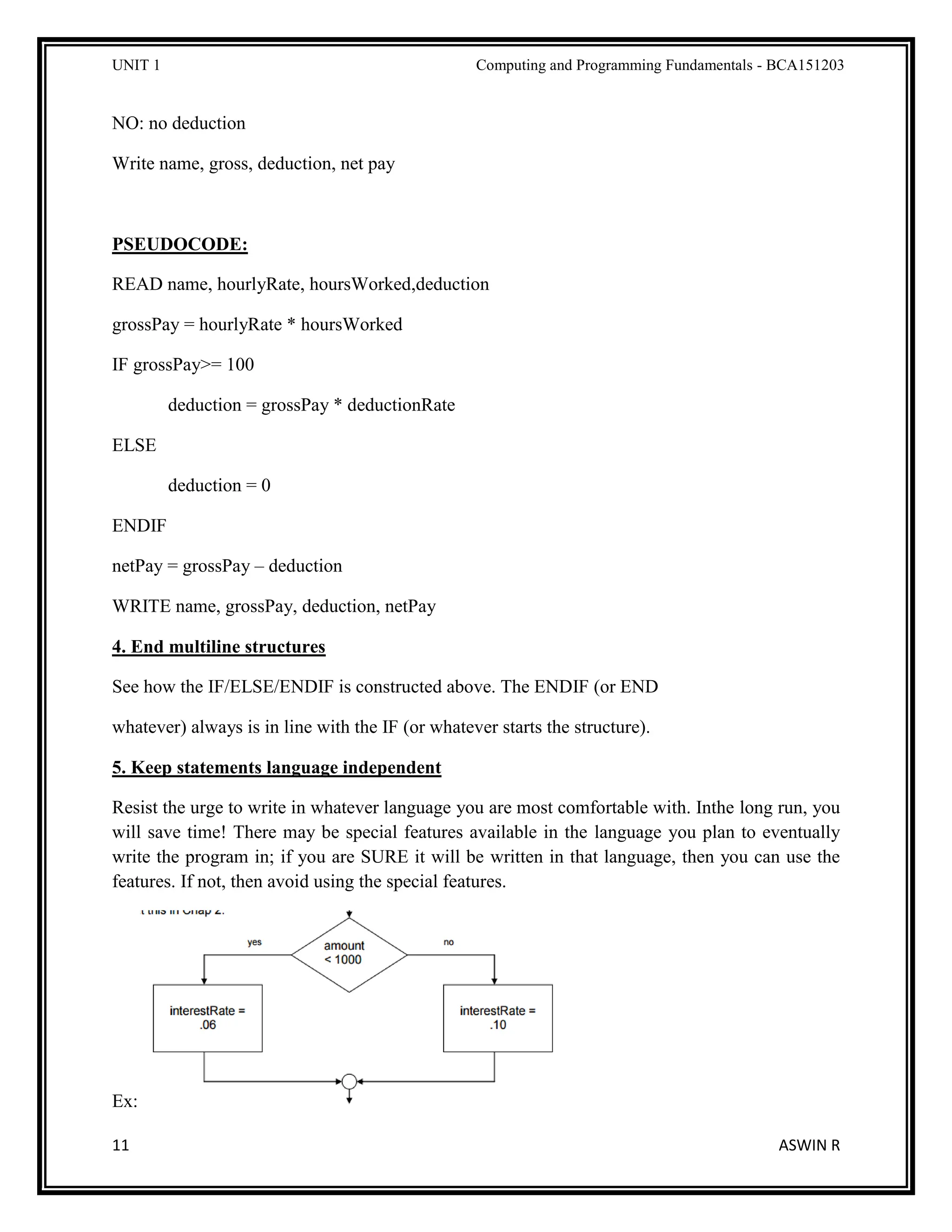UNIT 1 Computing and Programming Fundamentals - BCA151203
11 ASWIN R
NO: no deduction
Write name, gross, deduction, net pay
PSEUDOCODE:
READ name, hourlyRate, hoursWorked,deduction
grossPay = hourlyRate * hoursWorked
IF grossPay>= 100
deduction = grossPay * deductionRate
ELSE
deduction = 0
ENDIF
netPay = grossPay – deduction
WRITE name, grossPay, deduction, netPay
4. End multiline structures
See how the IF/ELSE/ENDIF is constructed above. The ENDIF (or END
whatever) always is in line with the IF (or whatever starts the structure).
5. Keep statements language independent
Resist the urge to write in whatever language you are most comfortable with. Inthe long run, you
will save time! There may be special features available in the language you plan to eventually
write the program in; if you are SURE it will be written in that language, then you can use the
features. If not, then avoid using the special features.
Ex:
 