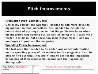 Production Plan- Launch Date:
One of my corrections was that I needed to add more detail to
my production plan, as well as this I needed to include the
launch date of my magazine so that the publishers knew when
my magazine was coming out, as well as doing this it gave me a
target in mind so that I knew how long to give myself, and my
employees to produce the magazine.
Spending Power Improvement:
The last area that needed to be added was added information
on the spending power of the readers for the magazine. I will be
able to find out what they are willing to pay for that magazine
by looking at their disposable income and their spending
demographic.
Pitch Improvements
 