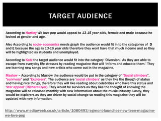 TARGET AUDIENCE
According to Hartley We love pop would appeal to 13-15 year olds, female and male because he
looked at gender and age.
Also According to socio- economics needs graph the audience would fit in to the categories of D
and E because the age is 13-16 year olds therefore they wont have that much income and so they
will be highlighted as students and unemployed.
According to Katz the target audience would fit into the category ‘Diversion’. As they are able to
escape from everyday life stresses by reading magazine that will ‘inform and educate them.’ They
are learning new songs and new artists who come out in the magazine.
Maslow – According to Maslow the audience would be put in the category of “Social climbers”,
“survivors” and “Explorers”. The audience are ‘social climbers’ as they like the though of status
and having nice things, therefore they will like reading about celebrities who have this status and
‘star appeal’ (Richard Dyer). They would be survivors as they like the thought of knowing the
magazine will be released monthly with new information about the music industry. Lastly, they
would be explorers as they are driven by social change so reading this magazine they will be
updated with new information.
http://www.mediaweek.co.uk/article/1080493/egmont-launches-new-teen-magazine-
we-love-pop
 