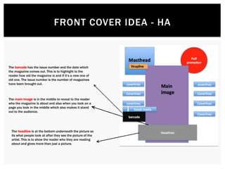 FRONT COVER IDEA - HA
The barcode has the issue number and the date which
the magazine comes out. This is to highlight to the
reader how old the magazine is and if it’s a new one of
old one. The issue number is the number of magazines
have been brought out.
The main image is in the middle to reveal to the reader
who the magazine is about and also when you look on a
page you look in the middle which also makes it stand
out to the audience.
The headline is at the bottom underneath the picture so
its what people look at after they see the picture of the
artist. This is to show the reader who they are reading
about and gives more than just a picture.
 