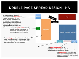 DOUBLE PAGE SPREAD DESIGN - HA
My magazine will be called HA
because it stands for ‘High Audio’ as
it relates to music and the word
‘Audio’ connotes straight away to
the audience that the magazine will
provide you with music information.
The word ‘High’ connotes the
information will be top quality and
up to date.
I have put the photo credit to the side
because its not as important as the
main image and it shows who has
taken the pictures in my magazine.
The main image is in the middle to reveal to the
reader who the magazine is about and also when
you look on a page you look in the middle which
also makes it stand out to the audience.
The social media symbols are to
highlight where the magazine page on
social media E.g. Facebook and Twitter.
The page number is in the right hand
corner because when you turn a page
you turn it with the right page so you will
see the page number.
 