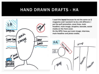 HAND DRAWN DRAFTS - HA
I used this layout because its not the same as Q
magazine and I wanted it to be a bit different. I
put the puff promotion, cover lines, main
headline, main image, strapline, barcode, social
media on the front cover.
On the DPS I have put main image, interview,
main headline and photo credits.
 