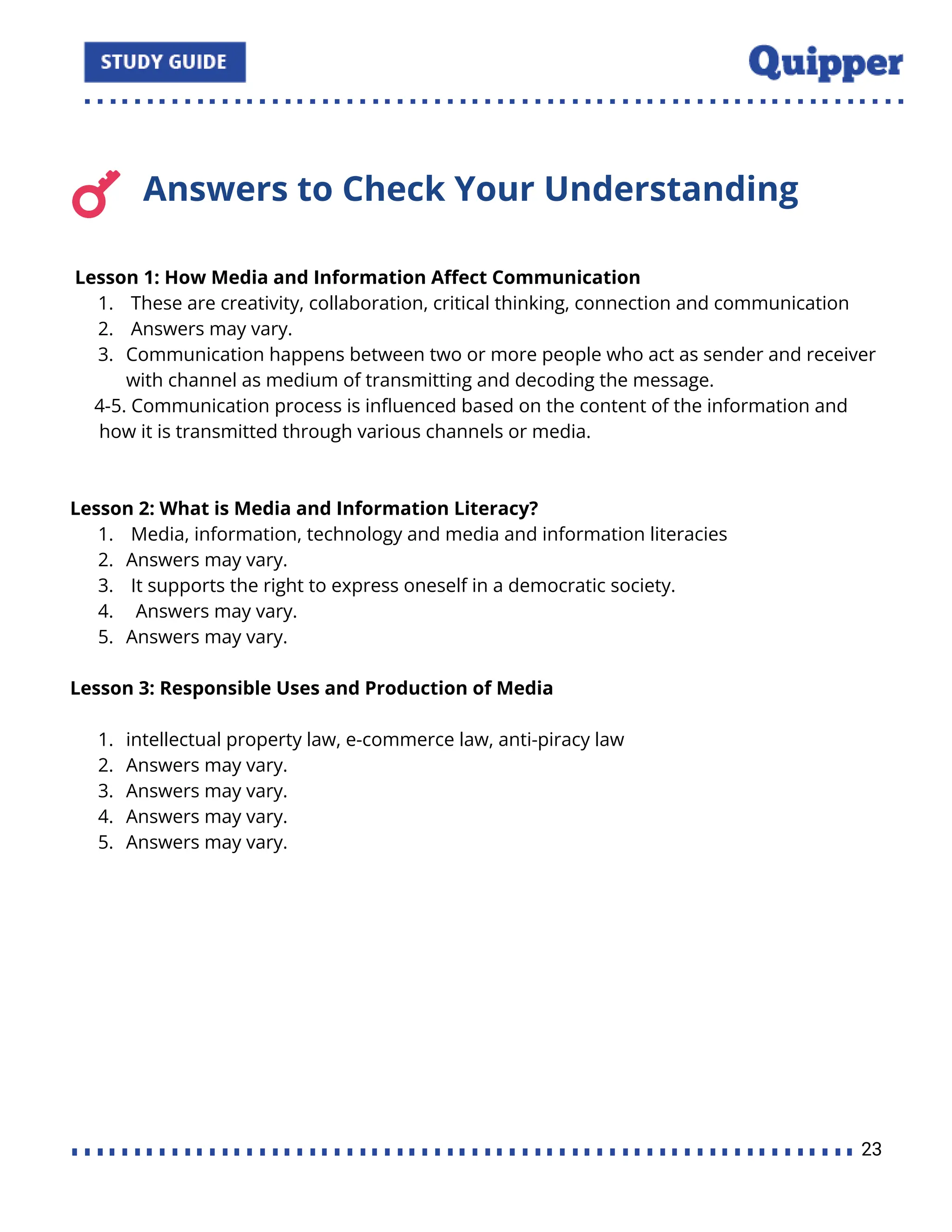 Answers to Check Your Understanding
Lesson 1: How Media and Information Aﬀect Communication
1. These are creativity, collaboration, critical thinking, connection and communication
2. Answers may vary.
3. Communication happens between two or more people who act as sender and receiver
with channel as medium of transmitting and decoding the message.
4-5. Communication process is inﬂuenced based on the content of the information and
how it is transmitted through various channels or media.
Lesson 2: What is Media and Information Literacy?
1. Media, information, technology and media and information literacies
2. Answers may vary.
3. It supports the right to express oneself in a democratic society.
4. Answers may vary.
5. Answers may vary.
Lesson 3: Responsible Uses and Production of Media
1. intellectual property law, e-commerce law, anti-piracy law
2. Answers may vary.
3. Answers may vary.
4. Answers may vary.
5. Answers may vary.
23
 