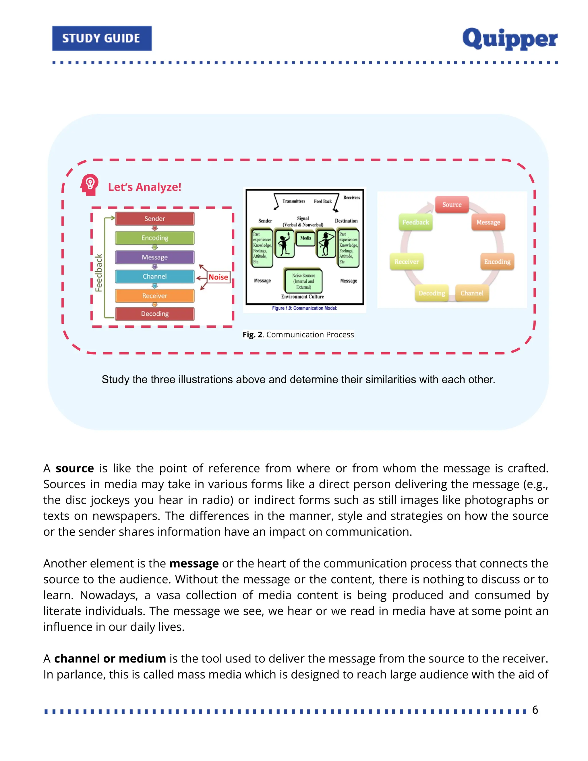A source is like the point of reference from where or from whom the message is crafted.
Sources in media may take in various forms like a direct person delivering the message (e.g.,
the disc jockeys you hear in radio) or indirect forms such as still images like photographs or
texts on newspapers. The diﬀerences in the manner, style and strategies on how the source
or the sender shares information have an impact on communication.
Another element is the message or the heart of the communication process that connects the
source to the audience. Without the message or the content, there is nothing to discuss or to
learn. Nowadays, a vasa collection of media content is being produced and consumed by
literate individuals. The message we see, we hear or we read in media have at some point an
inﬂuence in our daily lives.
A channel or medium is the tool used to deliver the message from the source to the receiver.
In parlance, this is called mass media which is designed to reach large audience with the aid of
6
 