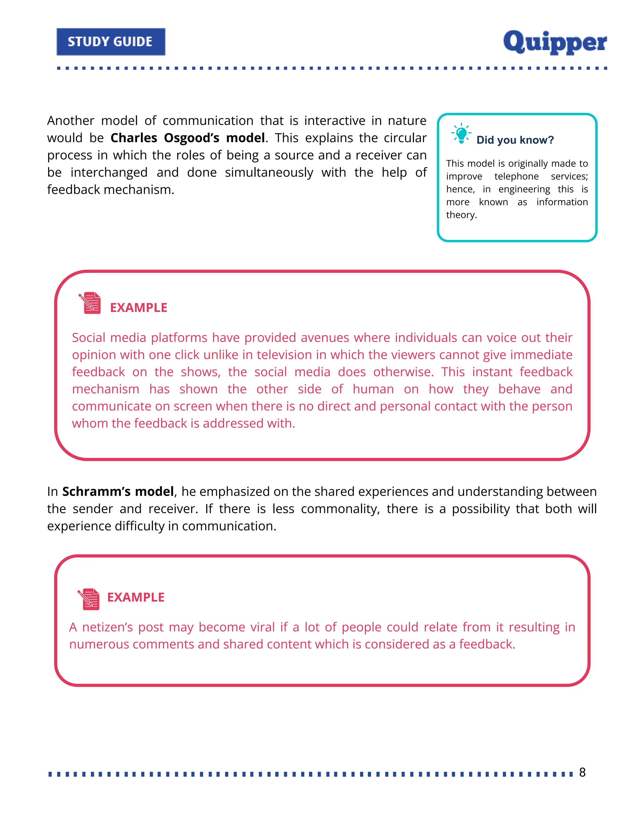 Another model of communication that is interactive in nature
would be Charles Osgood’s model. This explains the circular
process in which the roles of being a source and a receiver can
be interchanged and done simultaneously with the help of
feedback mechanism.
In Schramm’s model, he emphasized on the shared experiences and understanding between
the sender and receiver. If there is less commonality, there is a possibility that both will
experience diﬃculty in communication.
8
 