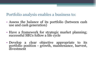 Portfolio analysis enables a business to: Assess the balance of its portfolio (between cash use and cash generation) Have a framework for strategic market planning; successful SBUs follow a life cycle Develop a clear objective appropriate to its portfolio position - growth, maintenance, harvest, divestment 