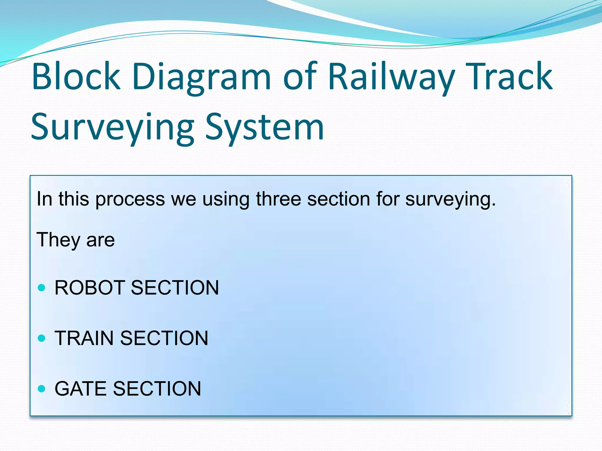 Block Diagram of Railway Track
Surveying System
In this process we using three section for surveying.
They are
 ROBOT SECTION
 TRAIN SECTION
 GATE SECTION
 