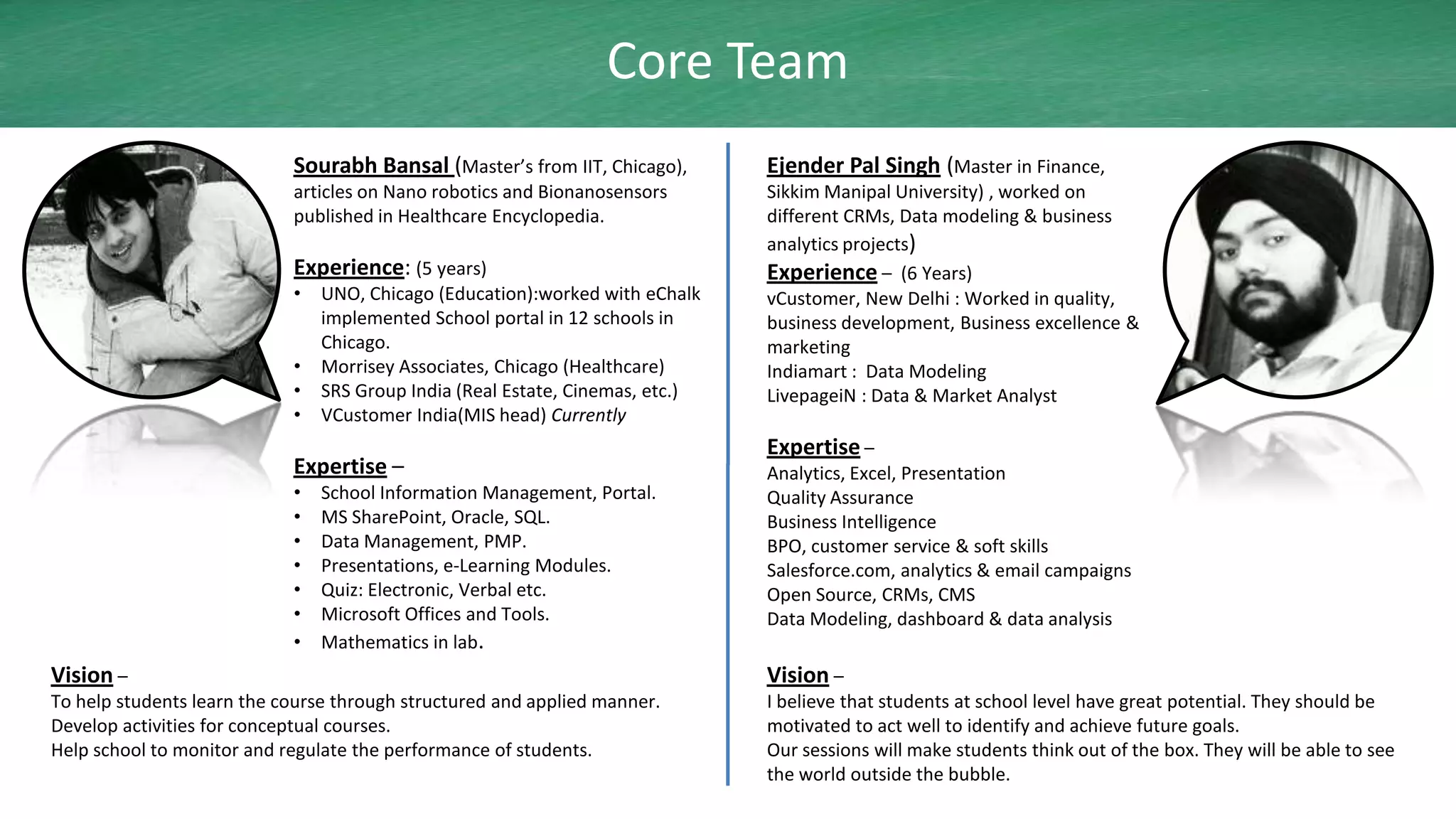 Core Team
                            Sourabh Bansal (Master’s from IIT, Chicago),       Ejender Pal Singh (Master in Finance,
                            articles on Nano robotics and Bionanosensors       Sikkim Manipal University) , worked on
                            published in Healthcare Encyclopedia.              different CRMs, Data modeling & business
                                                                               analytics projects)
                            Experience: (5 years)                              Experience – (6 Years)
                            •   UNO, Chicago (Education):worked with eChalk    vCustomer, New Delhi : Worked in quality,
                                implemented School portal in 12 schools in     business development, Business excellence &
                                Chicago.                                       marketing
                            •   Morrisey Associates, Chicago (Healthcare)      Indiamart : Data Modeling
                            •   SRS Group India (Real Estate, Cinemas, etc.)   LivepageiN : Data & Market Analyst
                            •   VCustomer India(MIS head) Currently
                                                                               Expertise –
                            Expertise –                                        Analytics, Excel, Presentation
                            •   School Information Management, Portal.         Quality Assurance
                            •   MS SharePoint, Oracle, SQL.                    Business Intelligence
                            •   Data Management, PMP.                          BPO, customer service & soft skills
                            •   Presentations, e-Learning Modules.             Salesforce.com, analytics & email campaigns
                            •   Quiz: Electronic, Verbal etc.                  Open Source, CRMs, CMS
                            •   Microsoft Offices and Tools.                   Data Modeling, dashboard & data analysis
                            •   Mathematics in lab.
Vision –                                                                       Vision –
To help students learn the course through structured and applied manner.       I believe that students at school level have great potential. They should be
Develop activities for conceptual courses.                                     motivated to act well to identify and achieve future goals.
Help school to monitor and regulate the performance of students.               Our sessions will make students think out of the box. They will be able to see
                                                                               the world outside the bubble.
 