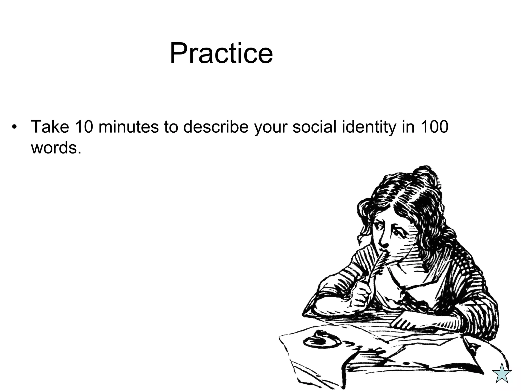 Practice
• Take 10 minutes to describe your social identity in 100
words.
 